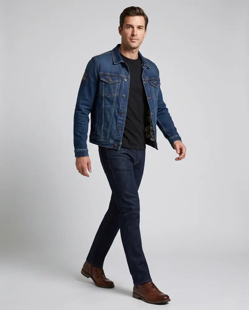 Herren-Denimjacke im Trucker-Stil mit kontrastierenden Nähten und Brustklappentaschen Drune