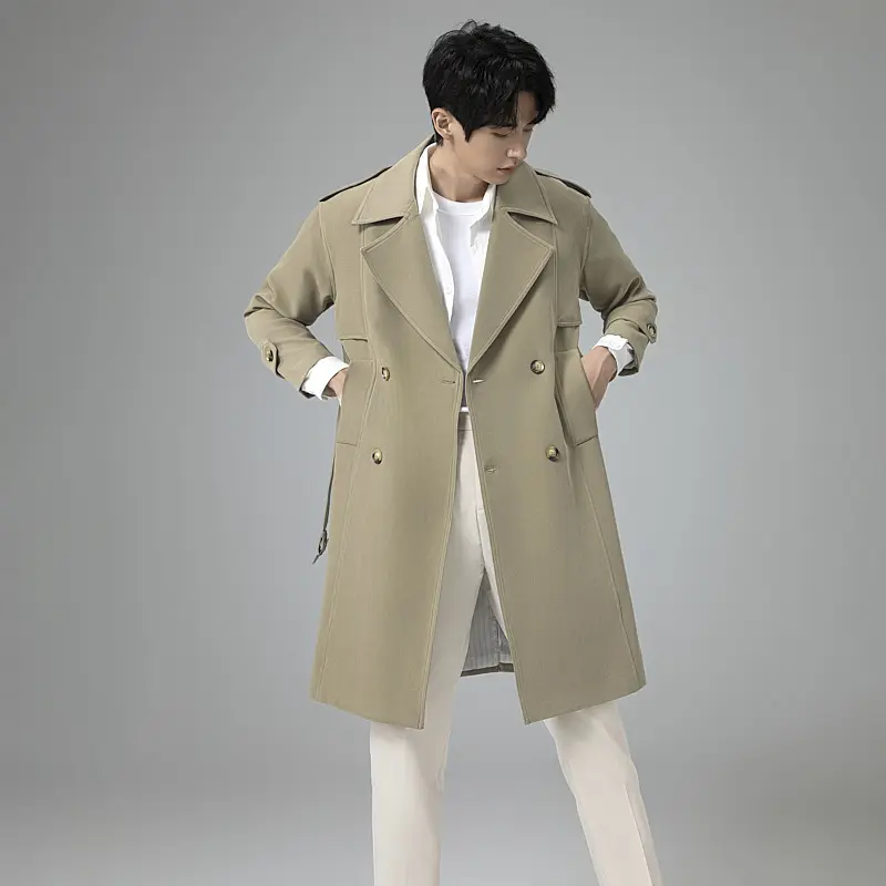 Herren Doppelreihiger Trenchcoat mit Taillengürtel und klassischem Revers Drune