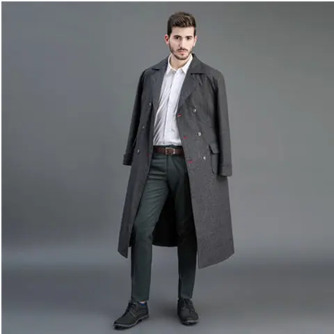 Herren Doppelreihiger Wollmantel mit Schalkragen und langer Silhouette Drune