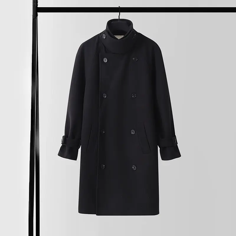Herren Dramatisch geschnittener Doppelreihiger Wollmix-Longcoat mit Kragenlaschen und Bindegürtel Drune