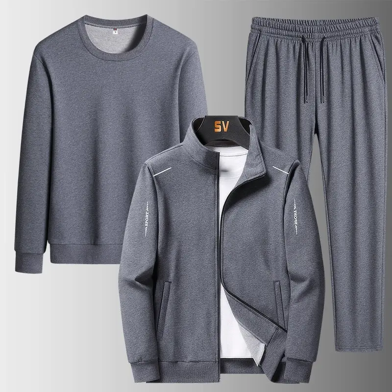 Herren Dreiteiliges Freizeit-Trainingsset aus French-Terry mit Kapuzenjacke, Rundhals-Sweat & tapered Jogginghose Drune