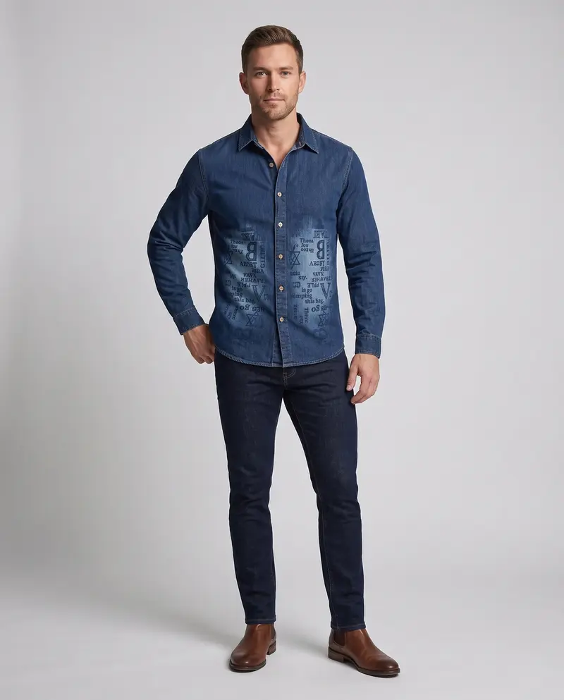Herren Druck-Denim-Hemd im Overshirt-Stil mit Knopfleiste und lässiger Passform Drune