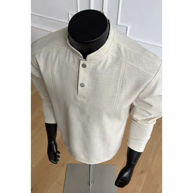 Herren Elegant modernes Langarm-Shirt mit Stehkragen und Knopfleiste Drune