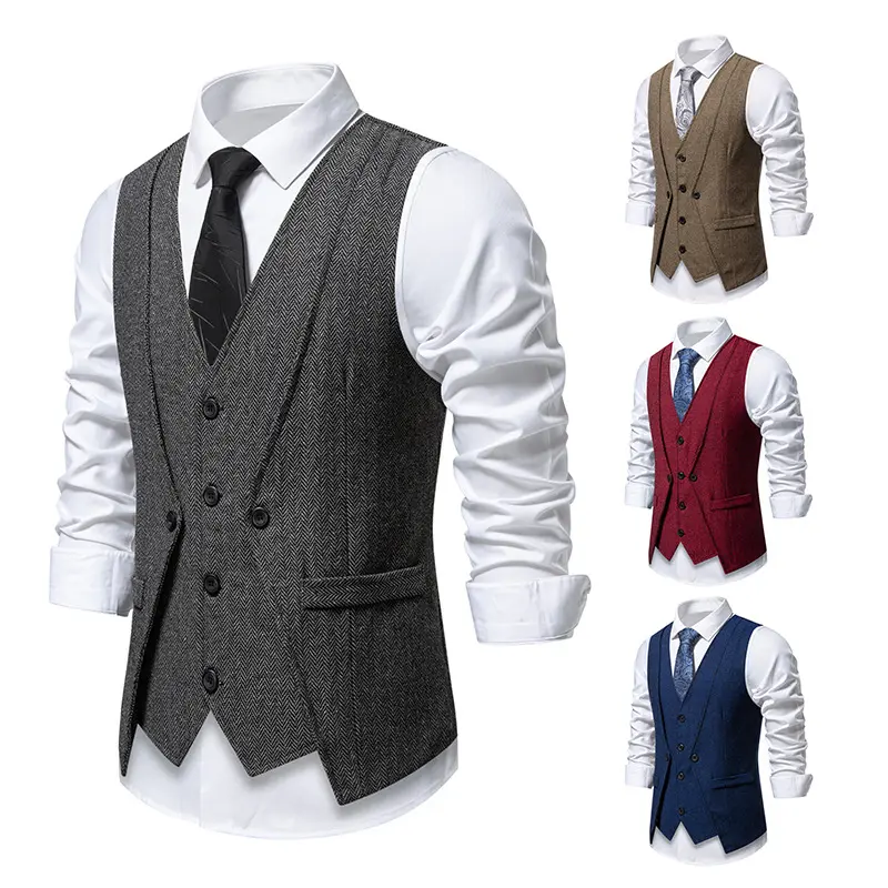 Herren Elegante Fischgräten-Tweedweste mit doppelreihiger Knopfleiste und Pattentaschen Drune
