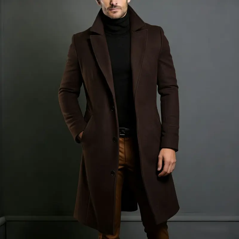 Herren Eleganter einreihiger Langmantel aus Wollmix mit schmaler Silhouette und Reverskragen Drune
