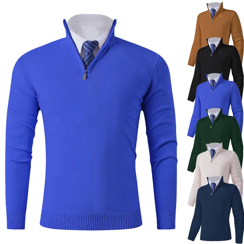 Herren Eleganter Feinstrick-Halbzip-Pullover mit Stehkragen, geripptem Saum und schmaler Silhouette Drune