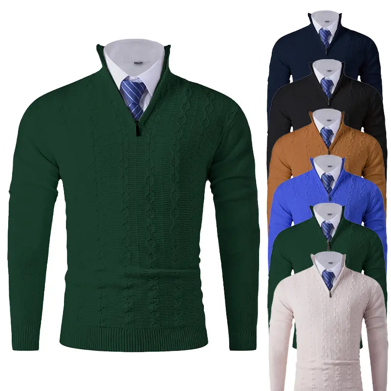 Herren Eleganter Feinstrick-Halbzippullover mit Zopfmuster und Stehkragen Drune