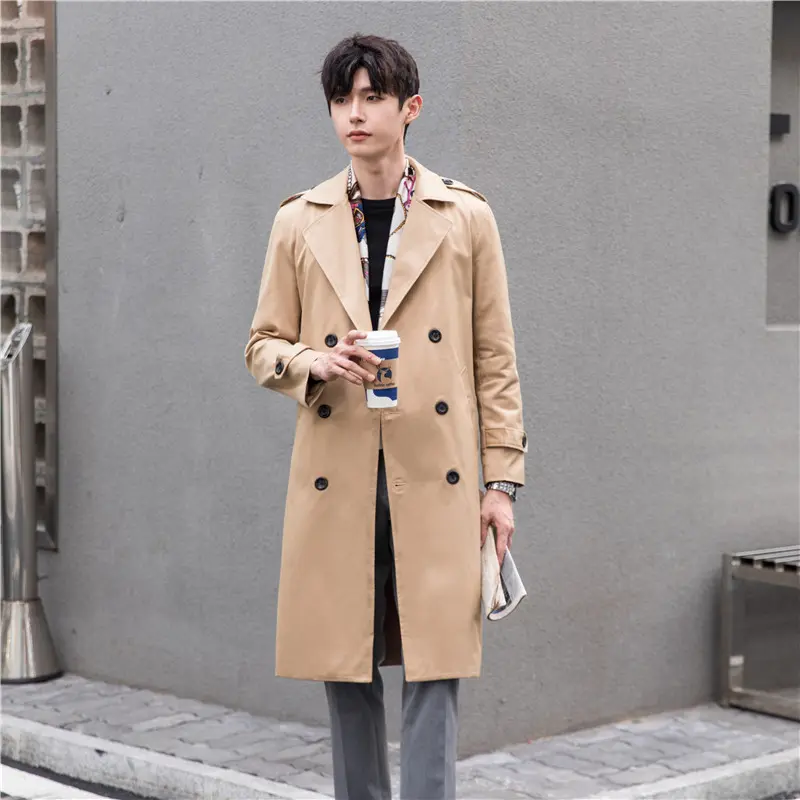 Herren Eleganter knielanger Trenchcoat aus leichtem Funktionsstoff mit Taillengürtel Drune