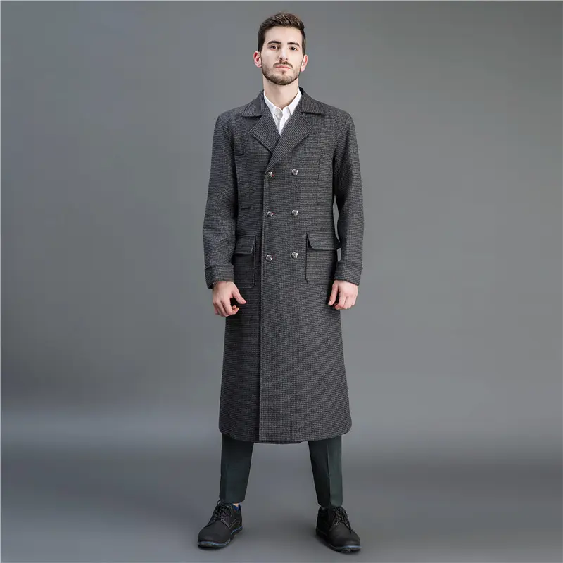 Herren Eleganter lang geschnittener Wollmantel mit Doppelreihe und Pattentaschen Drune