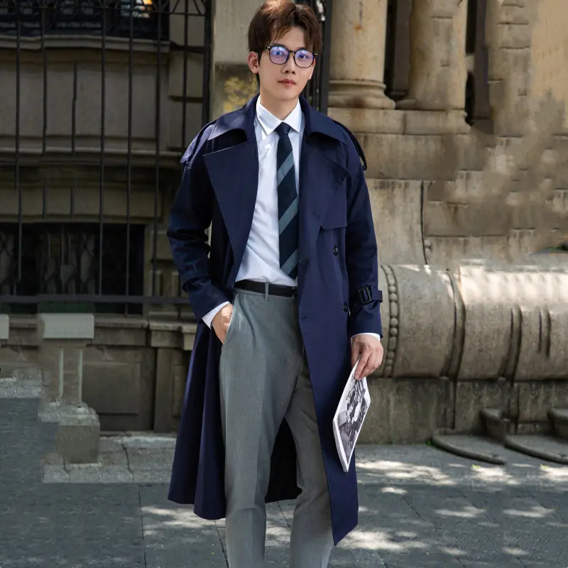 Herren Eleganter langer Trenchcoat mit Bindegürtel und Rückenpasse Drune