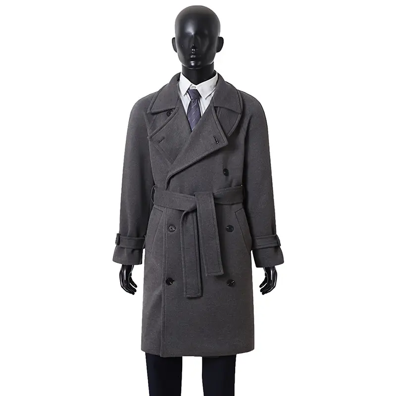 Herren Eleganter Mantel im Longcoat‑Stil aus Wollmix mit Doppelreihe, taillierendem Bindegürtel und dekorativer Schulterpasse Drune