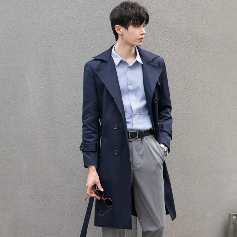 Herren Eleganter taillierter Trenchcoat mit doppelter Knopfleiste und Bindegürtel Drune