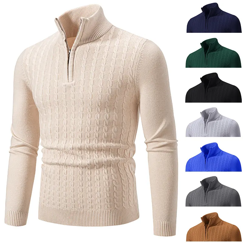 Herren Eleganter Zopfmuster-Halbzip-Pullover mit hohem Stehkragen und schmaler Passform Drune