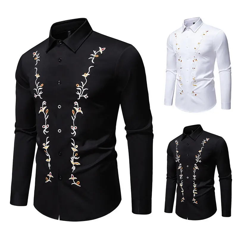 Herren Elegantes besticktes Hemd mit Kentkragen und figurbetonter Slim‑Fit‑Silhouette Drune