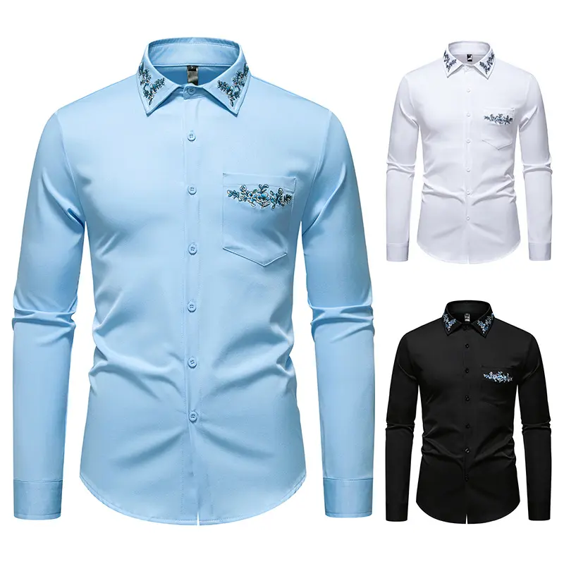 Herren Elegantes Slim-Fit Hemd mit floraler Stickerei am Kragen und aufgesetzter Brusttasche Drune