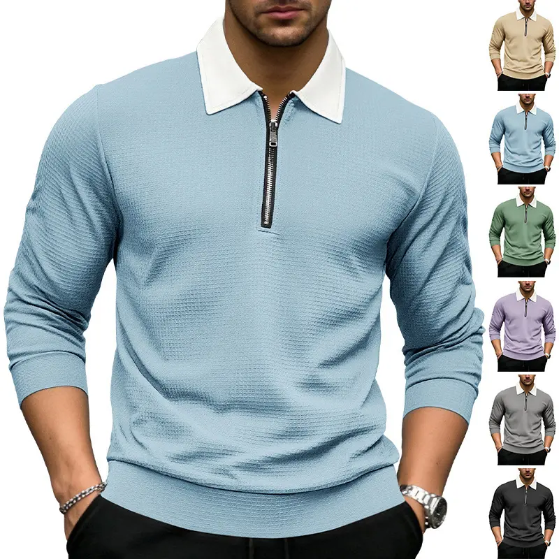 Herren Elegantes Waffelstruktur-Poloshirt mit Halbzip und Kontrastkragen Drune