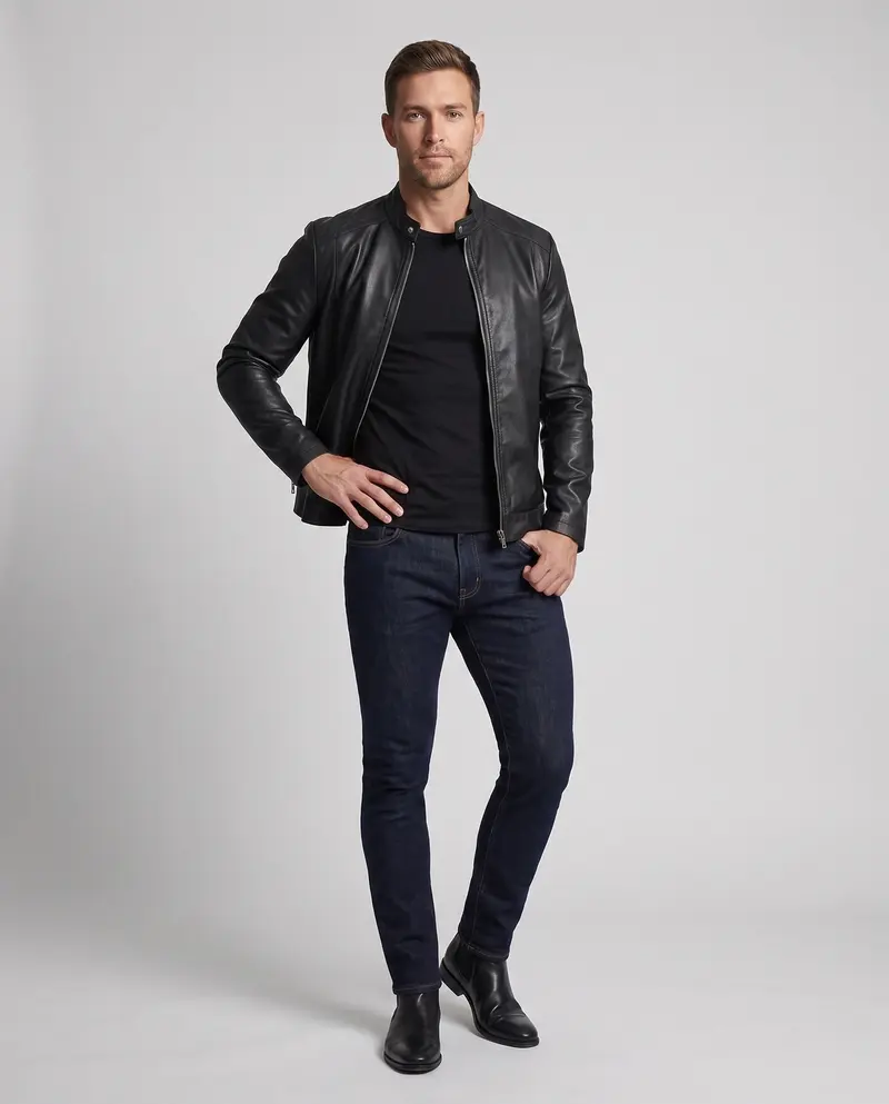 Herren enganliegendes Kunstleder-Motorradjacke mit kurzem Stehkragen und zentralem Metallreißverschluss Drune