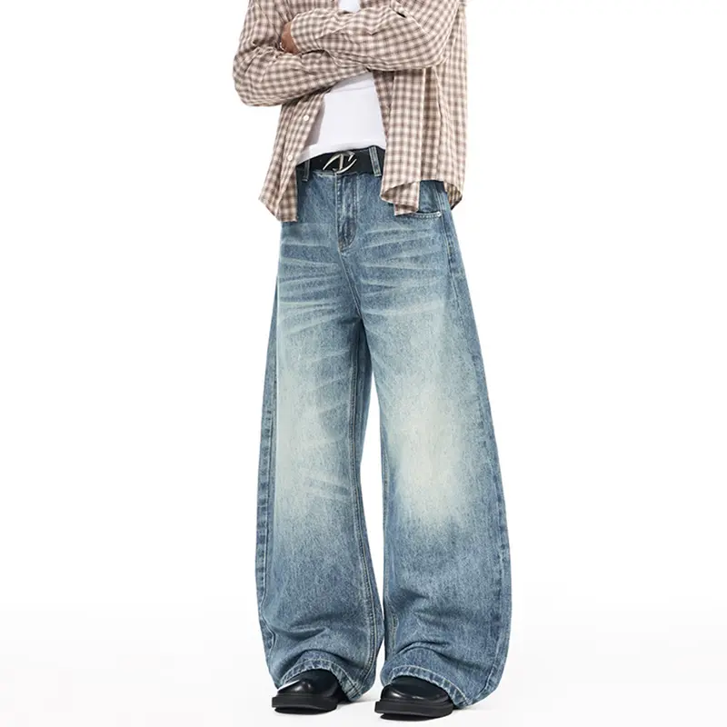 Herren Extrabreite Palazzo-Denim-Jeans mit tiefem Schritt und Used-Effekt Drune