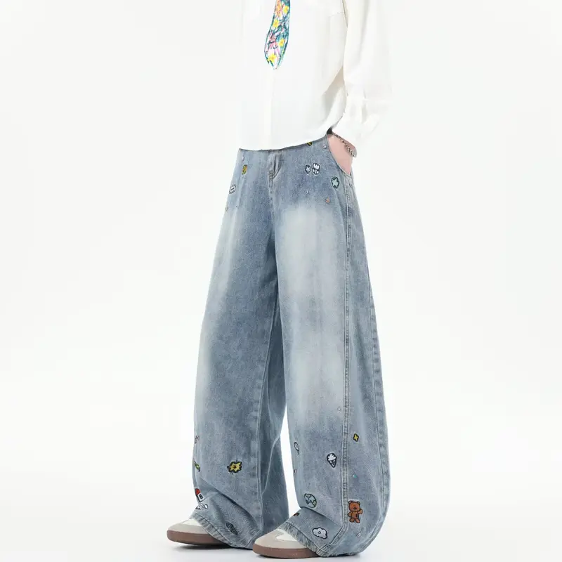 Herren Extraweite Baggy-Jeans mit verspielten Stickereien und weitem Bein Drune