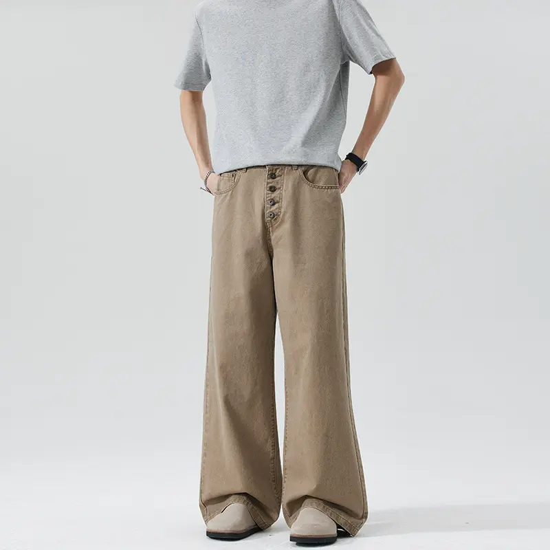 Herren Extraweite Denim-Hose mit sichtbarer Knopfleiste und bodenlangem Palazzoschnitt Drune