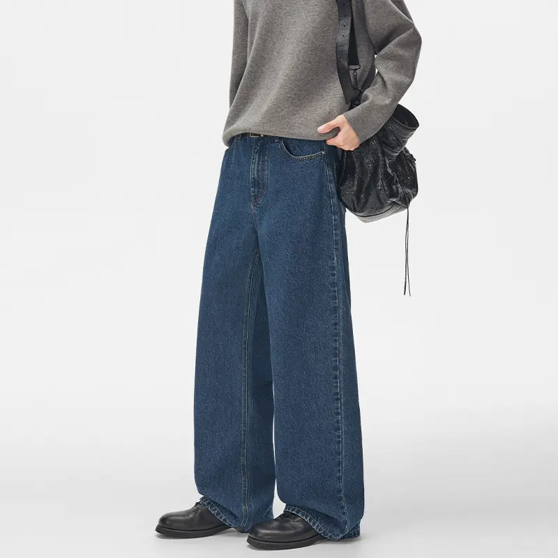 Herren Extraweite hochgeschnittene Denimhose mit ultralangem Saum und geradem Bein Drune