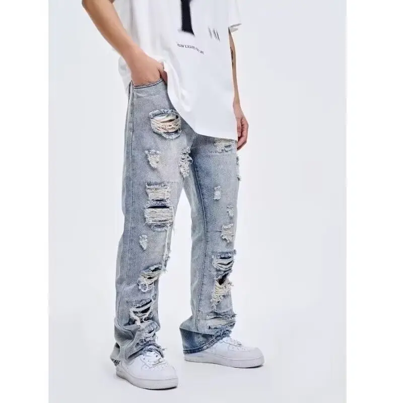 Herren Extraweite Ripped Baggy-Jeans mit tiefem Schritt und ausgeprägten Destroyed-Details Drune
