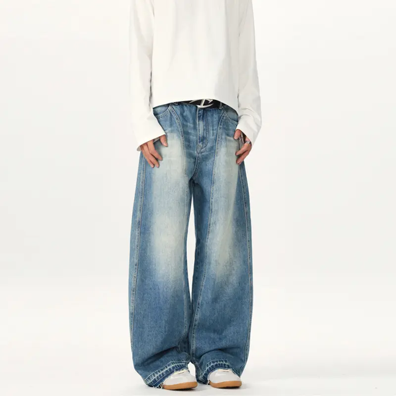 Herren Extraweite Vintage-Denim-Jeans mit Palazzoschnitt und vertikaler Nahtführung Drune