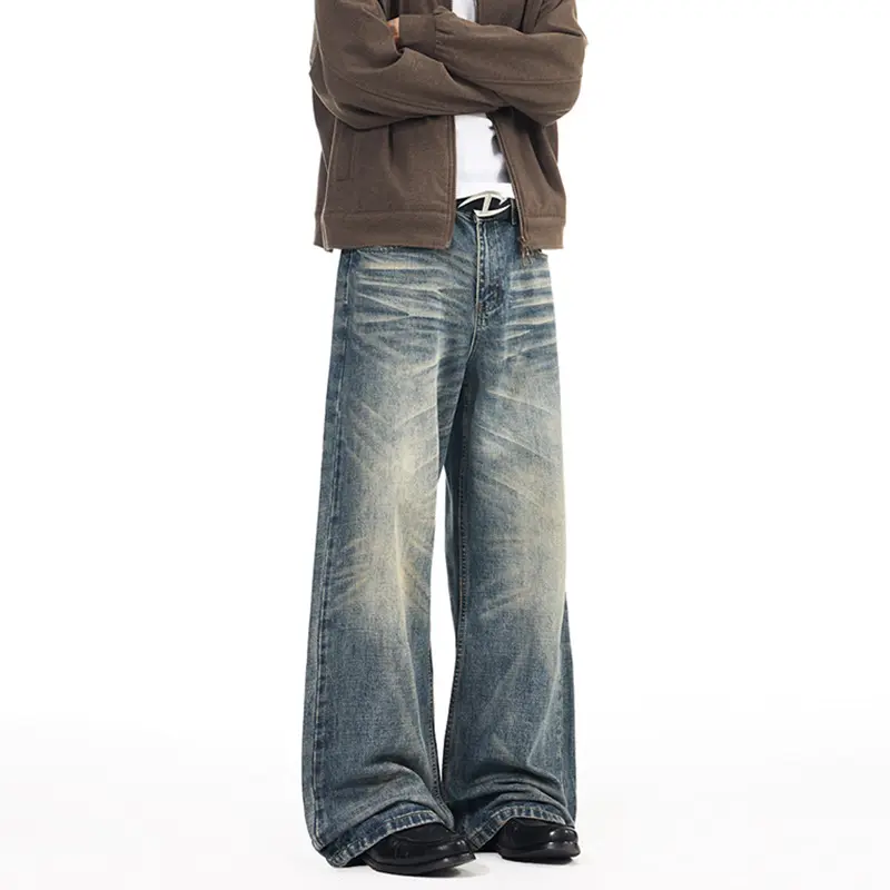 Herren Extremweite Vintage-Denim Baggy-Jeans mit tiefem Schritt und extra langer Saumlänge Drune