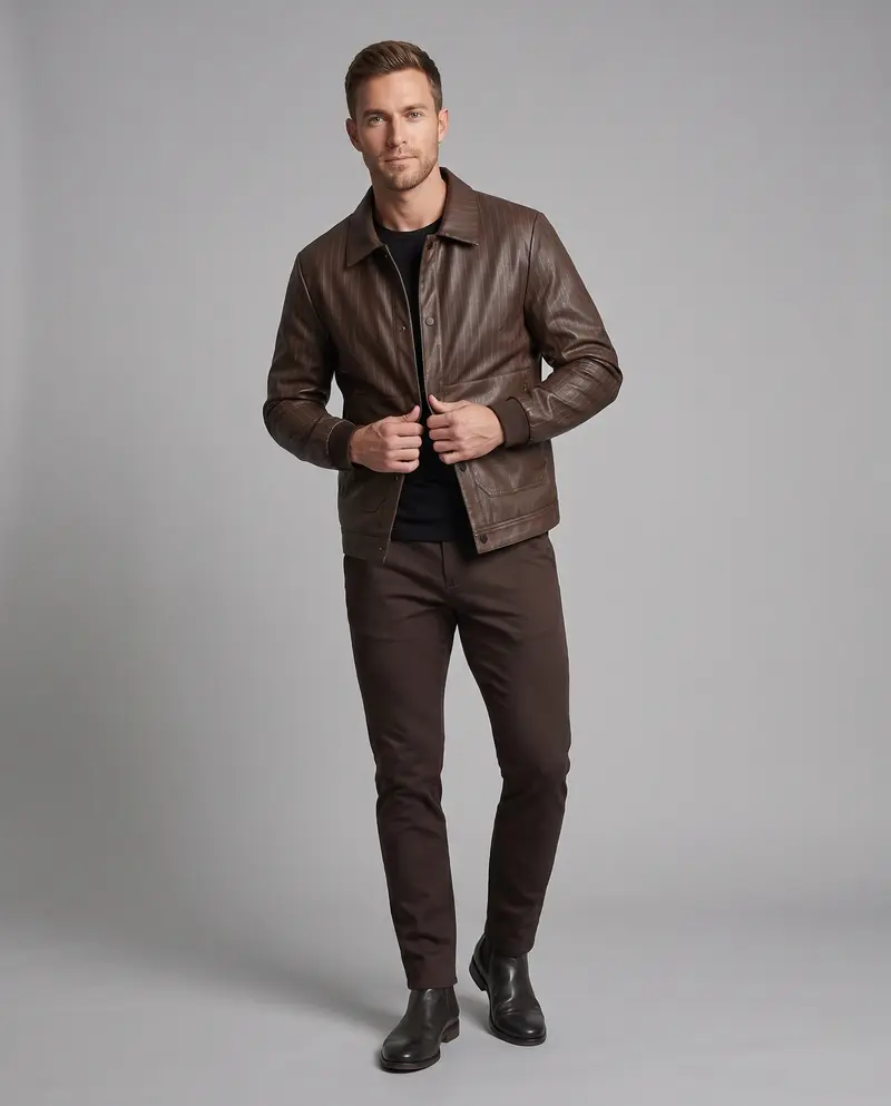 Herren-Faux-Leder-Blouson mit Nadelstreifen, Druckknopf-Front und gerippten Bündchen Drune