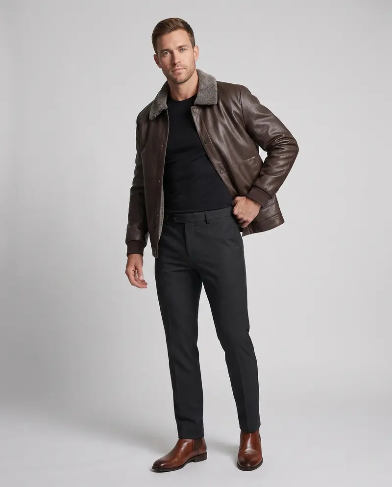 Herren Faux-Leder Blouson mit Nadelstreifen-Look und Teddy-Futter Drune