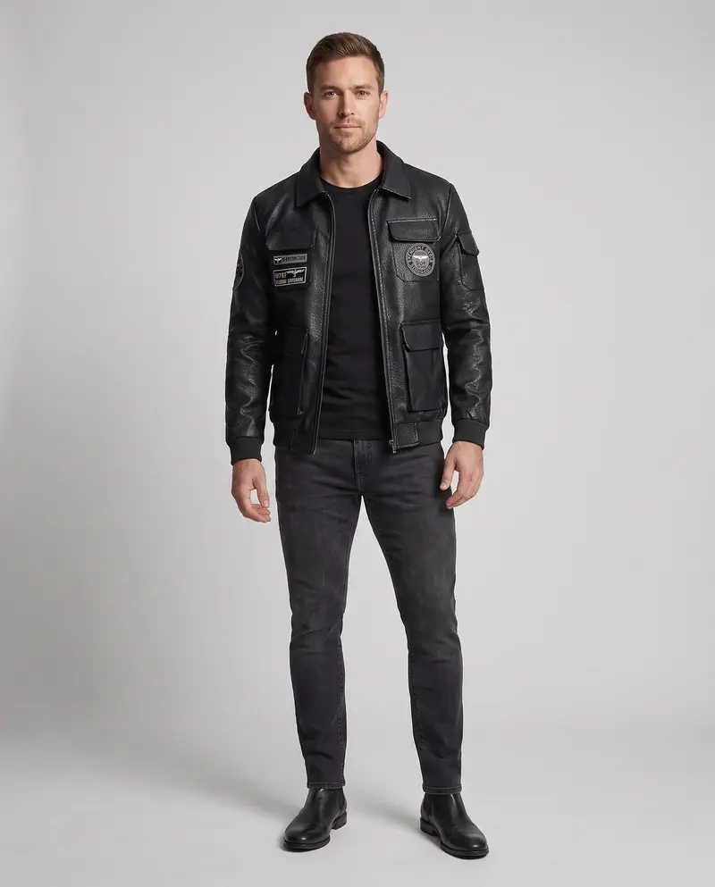 Herren Faux-Leder Field-Jacke im Pilotenstil mit Utility-Taschen und Patch-Details Drune