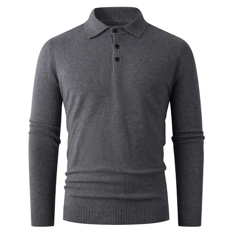 Herren Feiner Langarm-Polokragen-Pullover mit Dreiknopfleiste und schmaler Silhouette Drune