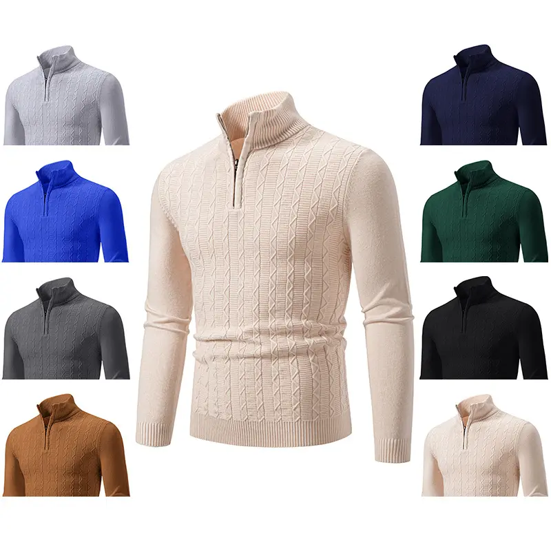 Herren Feiner Zopfstrick-Halbzippullover mit Mockneck und geripptem Saum Drune