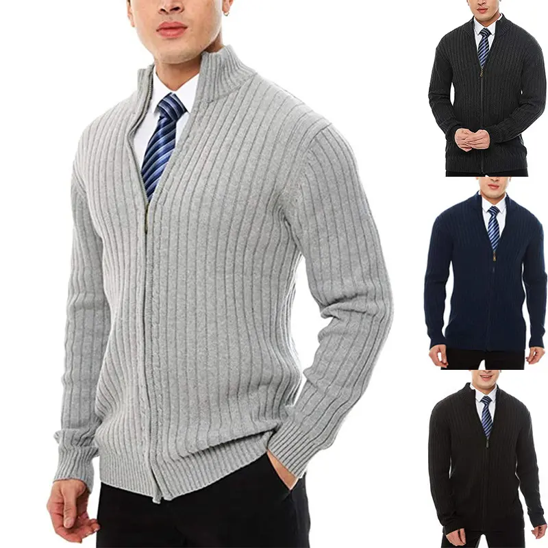 Herren Feinstrick-Cardigan mit durchgehendem Reißverschluss, Stehkragen und markanter Rippenstruktur Drune