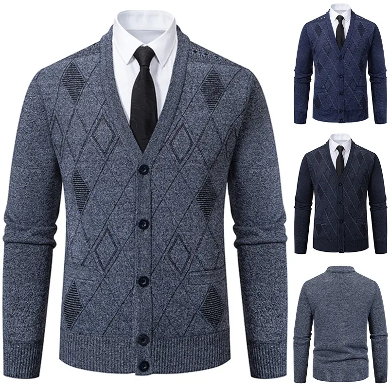Herren Feinstrick-Cardigan mit Rautenmuster, Knopfleiste und Eingrifftaschen Drune