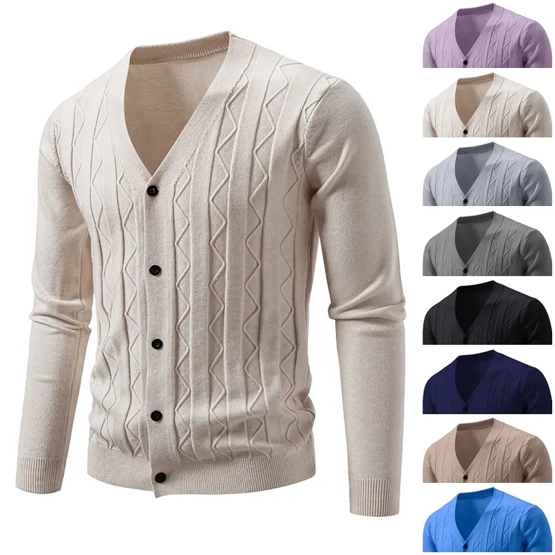 Herren Feinstrick-Cardigan mit V‑Ausschnitt, Zickzack‑Relief und Knopfleiste Drune