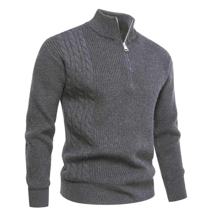Herren Feinstrick-Halbzip-Pullover mit Stehkragen, Rippstruktur und Schulter-Zopfdetail Drune