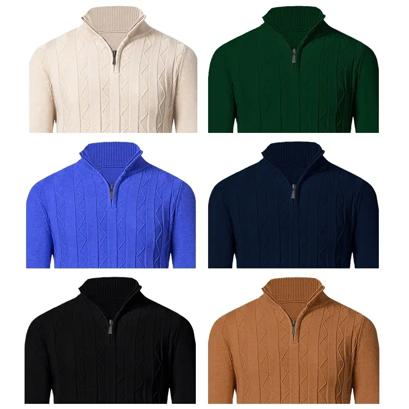 Herren Feinstrick-Halbzip-Pullover mit Zopfmuster und Stehkragen Drune
