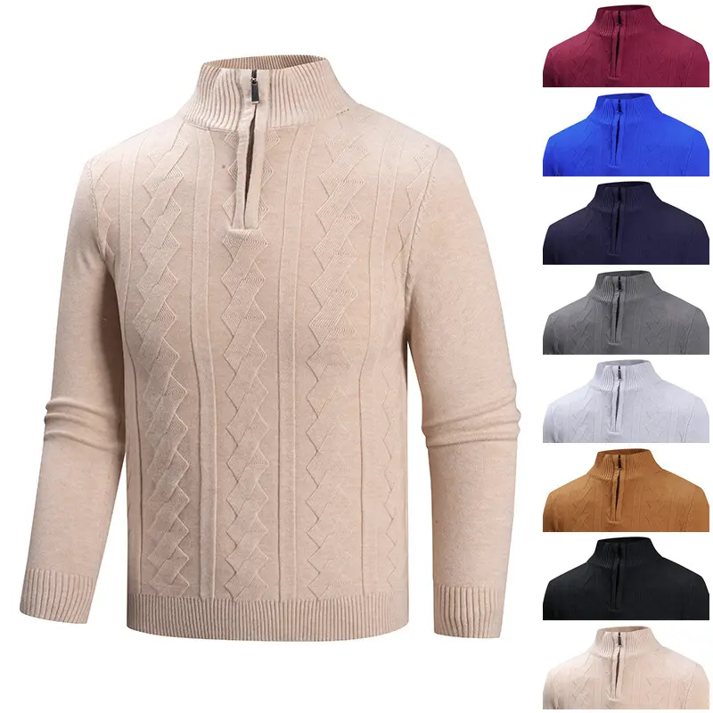 Herren Feinstrick-Halbzipp-Pullover mit Zopfmuster und Stehkragen Drune