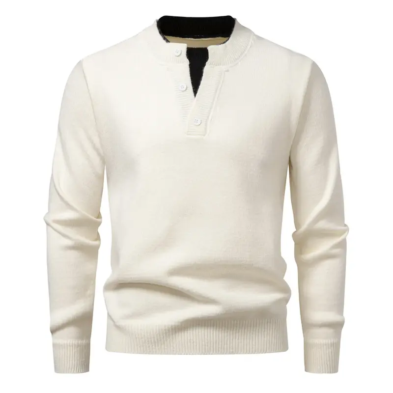 Herren Feinstrick-Henley-Pullover mit kurzer Knopfleiste und geripptem Stehkragen Drune