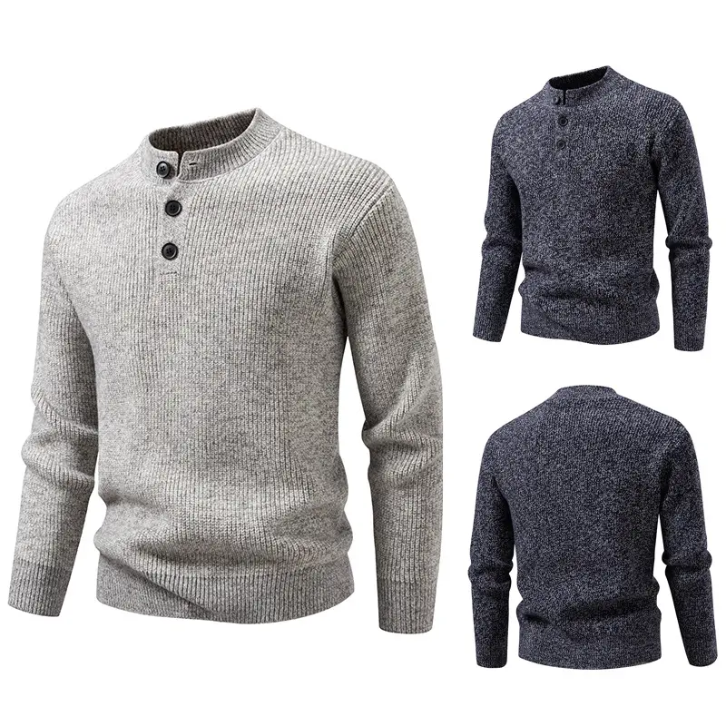 Herren Feinstrick-Henleypullover mit kurzem Stehkragen, Knopfleiste und Rippbündchen Drune