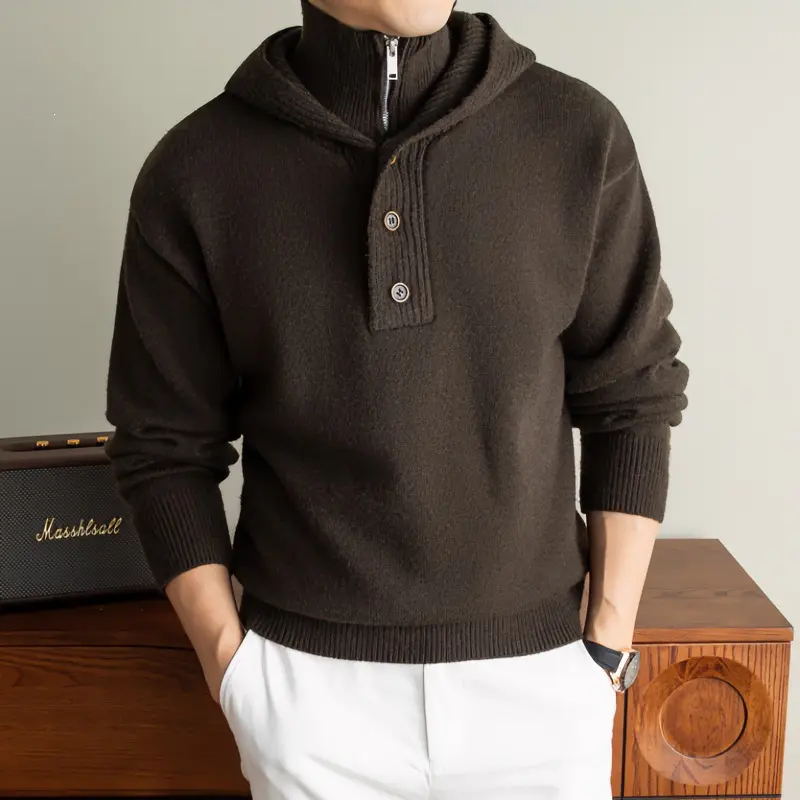 Herren Feinstrick-Kapuzenpullover mit halbem Reißverschluss und Knopfblende Drune