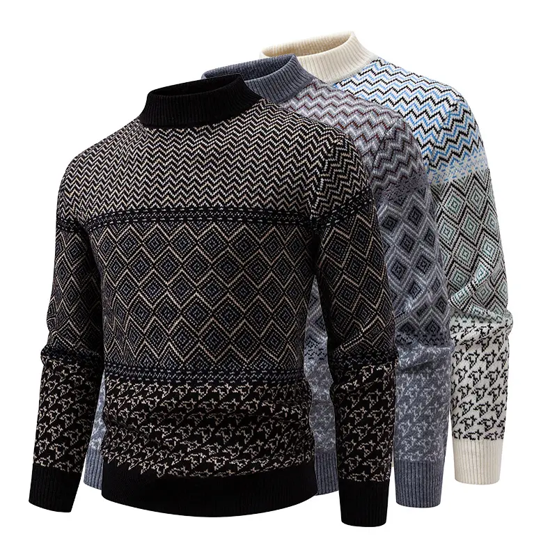 Herren Feinstrick-Mockneck-Pullover mit geometrischem Jacquard und gerippten Abschlüssen Drune