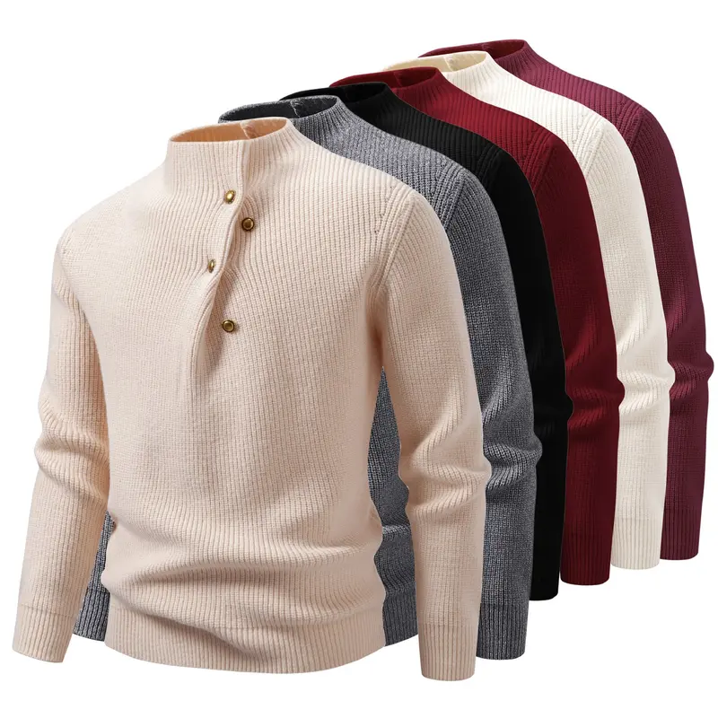 Herren Feinstrick-Pullover mit asymmetrischer Knopfleiste und Stehkragen Drune