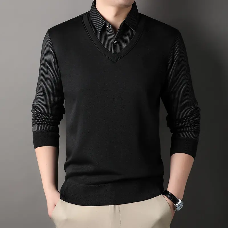 Herren Feinstrick-Pullover mit V-Ausschnitt und Hemdkragen-Optik Drune