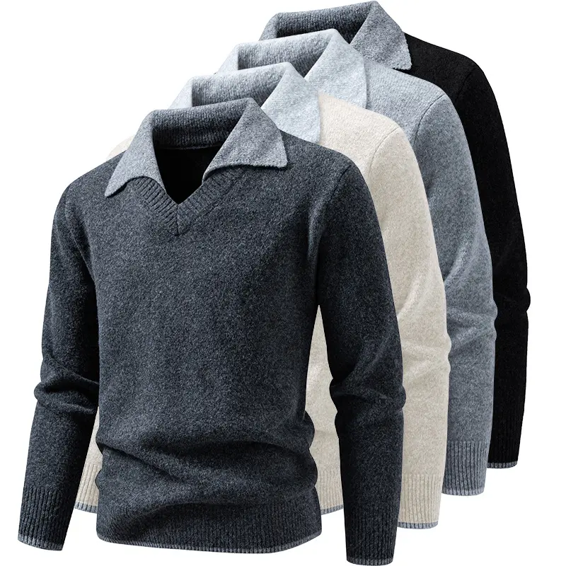 Herren Feinstrickpullover mit Hemdkragen und V‑Ausschnitt Drune