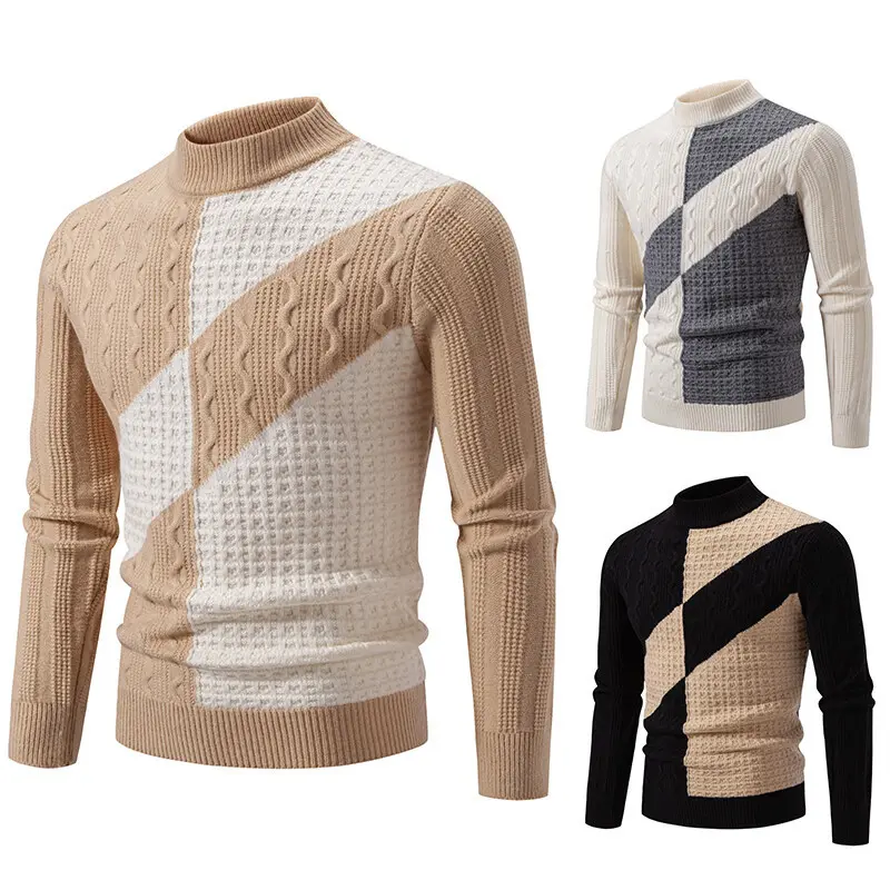 Herren Feinstrickpullover mit Zopfmuster, diagonalem Blockdesign und Stehkragen Drune