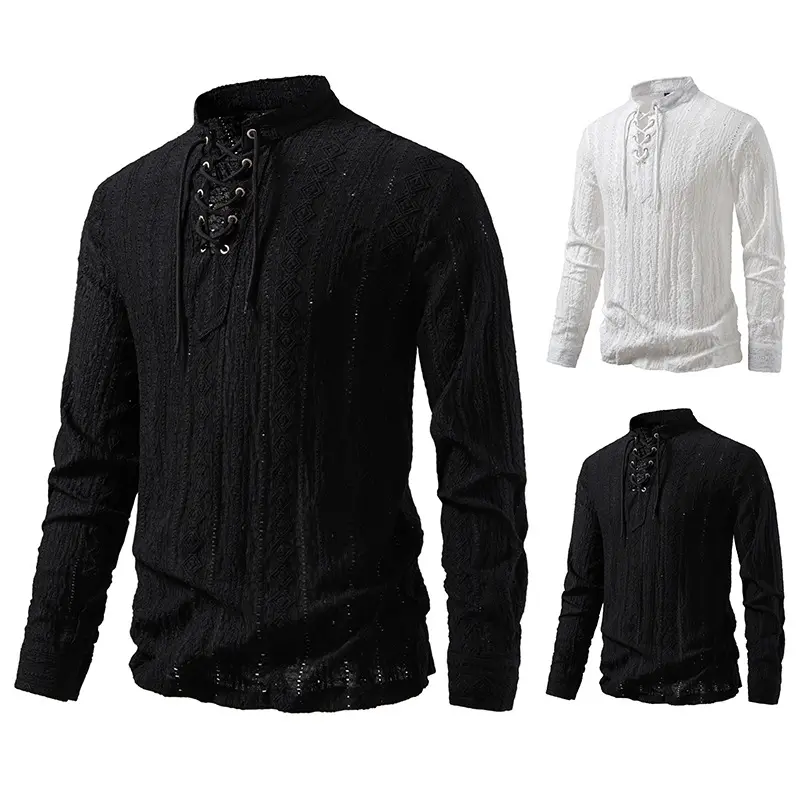 Herren Feinstruktur Henley-Langarmshirt mit Schnürung und Stehkragen Drune