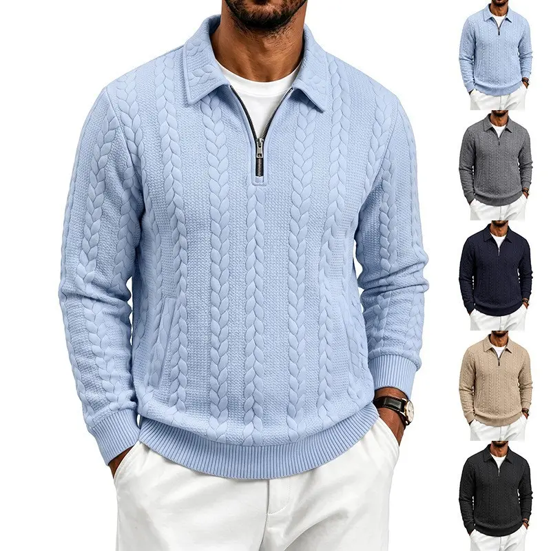 Herren Feinstrukturierter Strickpullover mit Halbzip-Kragen und Zopfmuster Drune