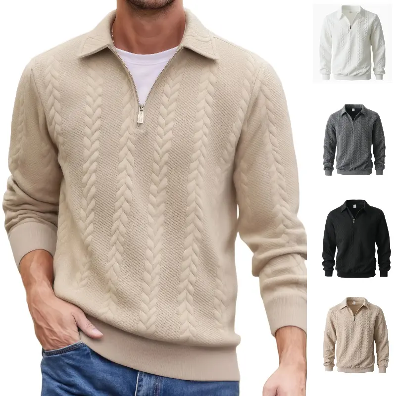 Herren Feinstrukturierter Zopfstrickpullover mit Kurzreißverschluss und Kentkragen Drune